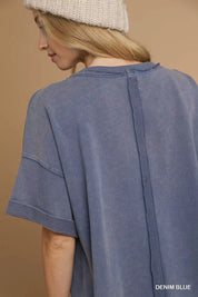 Umgee Mineral Wash Round Neck Top Blue | Tops Daverri Fashions