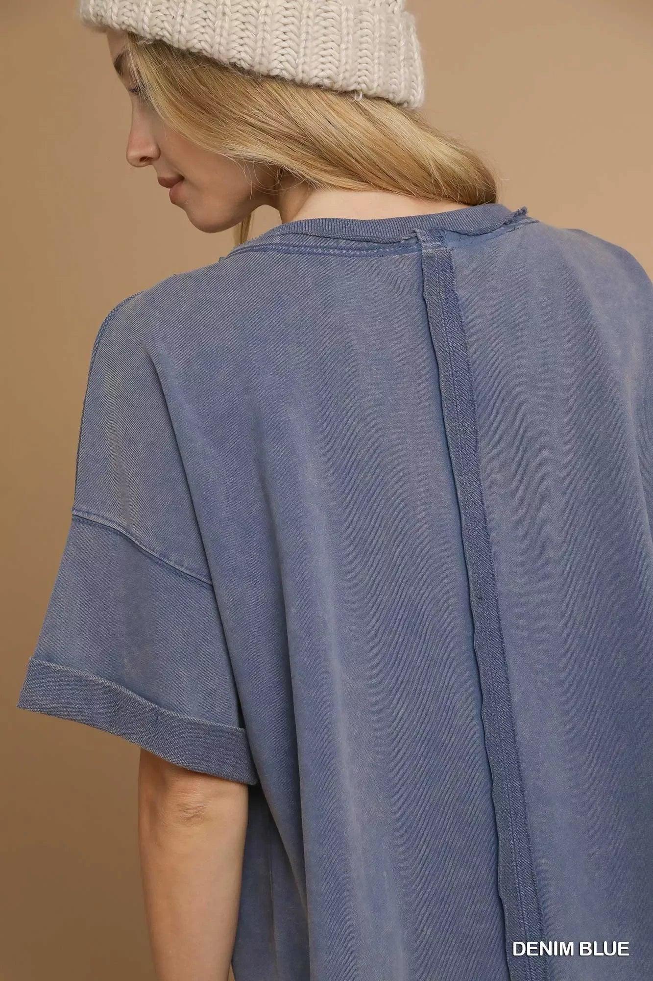 Umgee Mineral Wash Round Neck Top Blue - DAVERRI FASHIONS