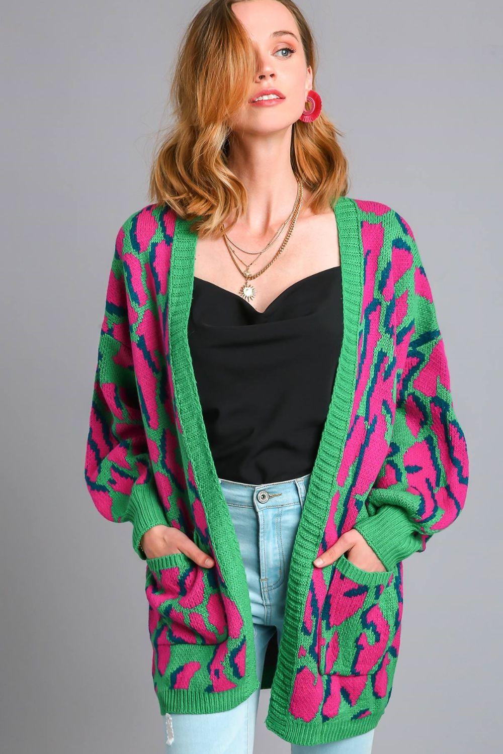 Umgee Full Size Animal Print Open Front Cardigan with Side Pockets GREEN MIX 1XL Cardigans