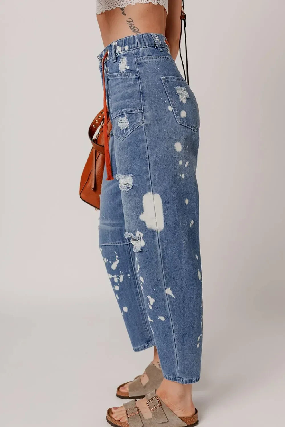 Distressed Splattering Paint Rope Waist Cropped Straight Jeans - DAVERRI FASHIONS