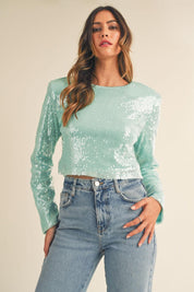 MABLE Shoulder Padded Sequin Crop Top | Tops Daverri Fashions