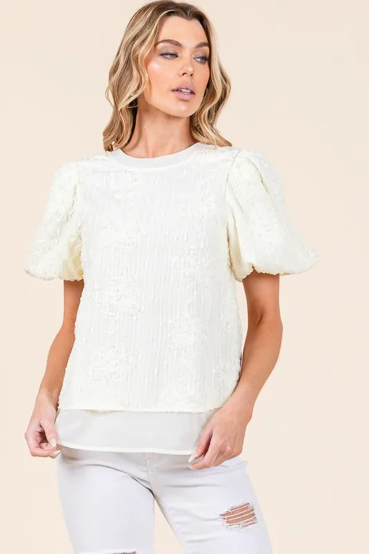 Lime 'N' Chili Floral Textured Puff Sleeve Top