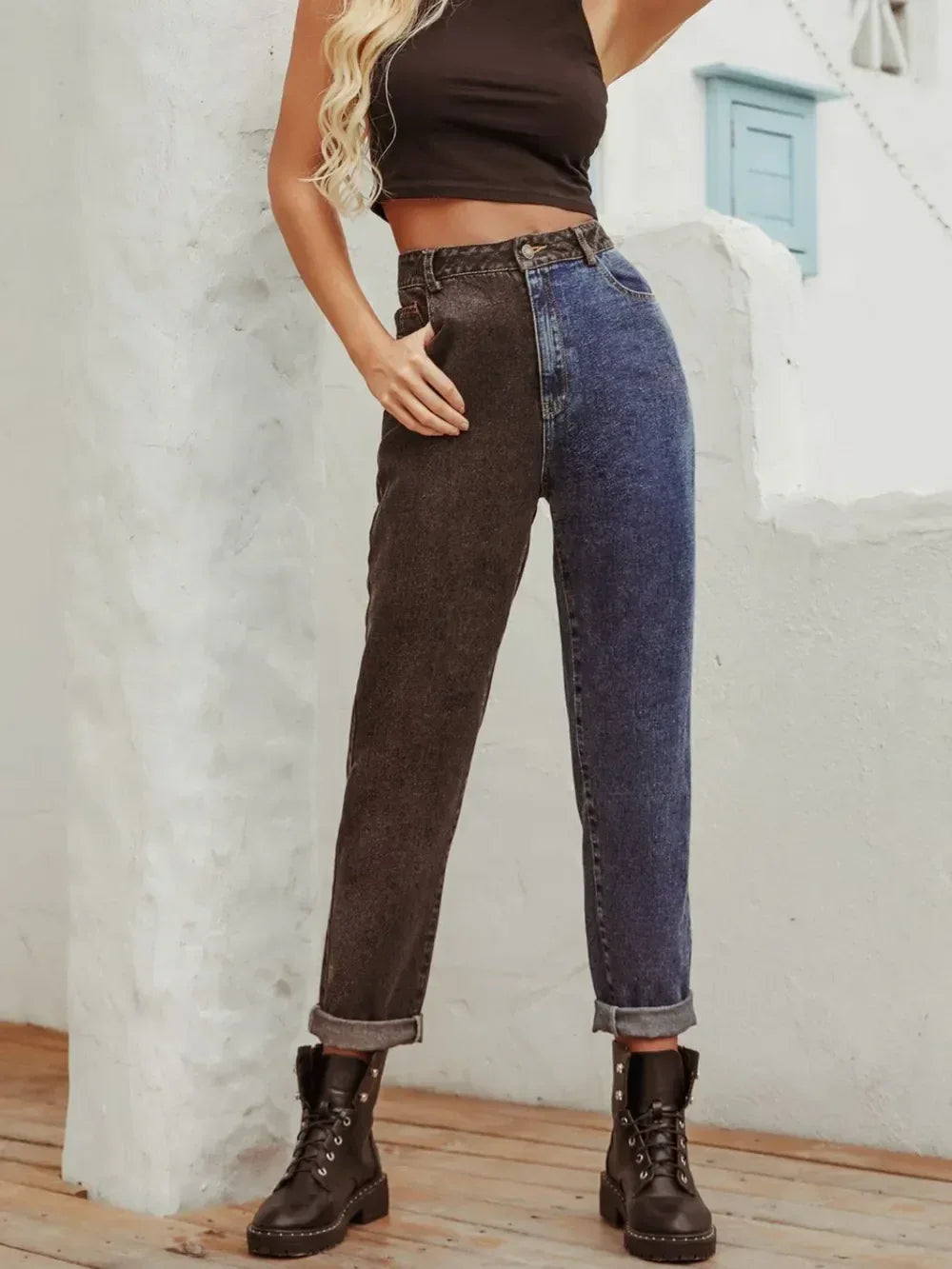 Two Tone Straight Leg Jeans - DAVERRI FASHIONS