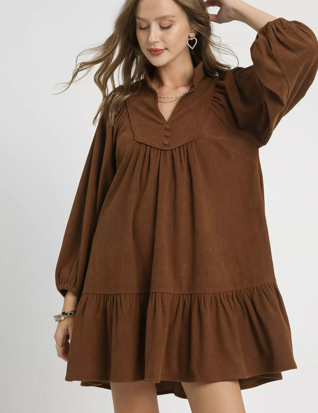 Brown Umgee Corduroy Tiered Babydoll Dress | Mini Dresses Daverri Fashions