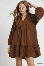 Brown Umgee Corduroy Tiered Babydoll Dress | Mini Dresses Daverri Fashions