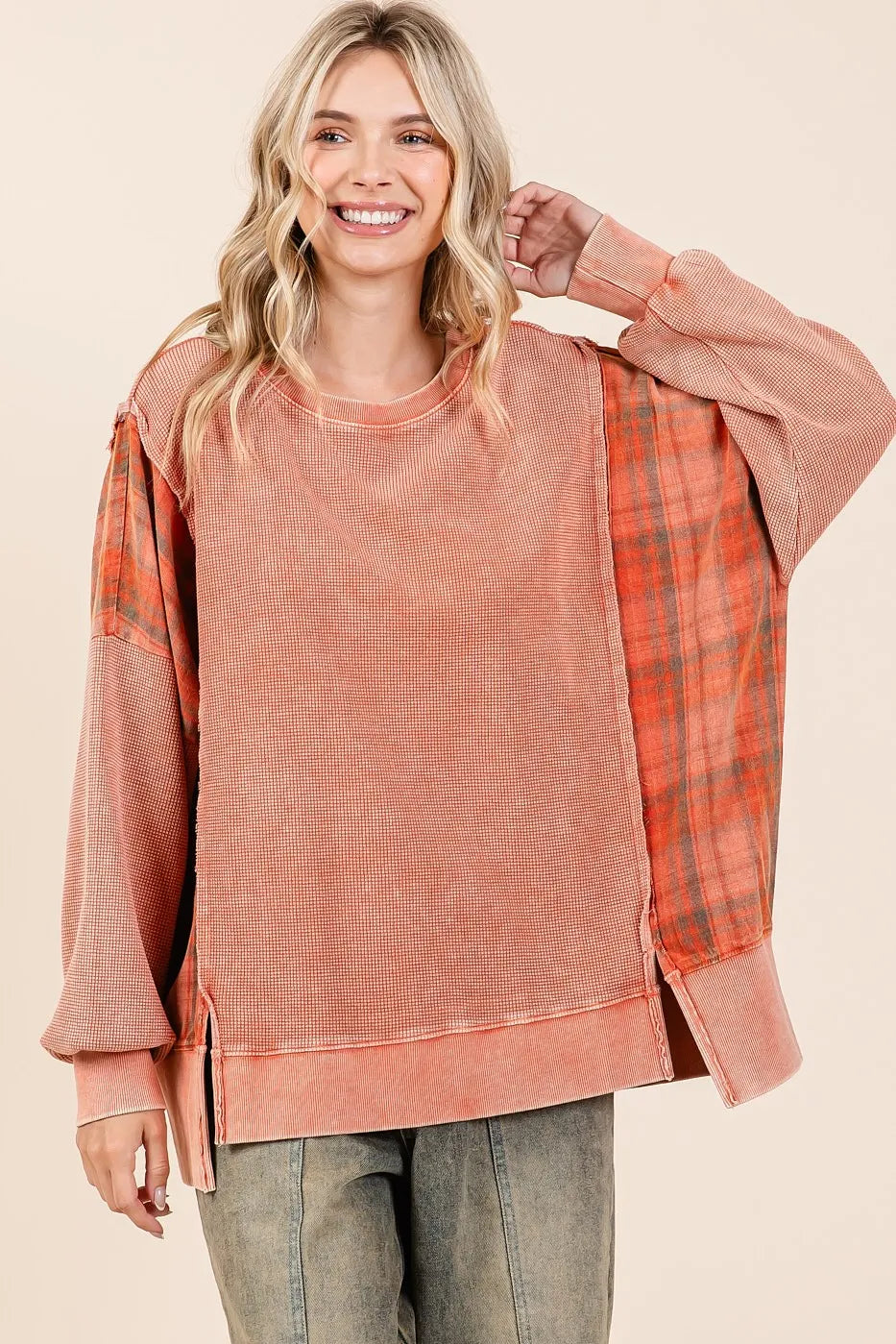 Mittoshop Plaid Panel Mineral Wash French Terry Sweatshirt FADED BRICK M L