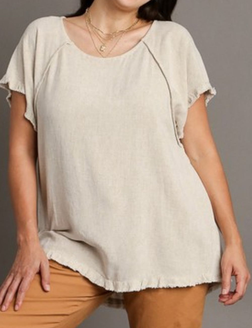 Umgee Full Size Seam Detail Linen Ruffle Fringe Edge Top Plus Size | Tops Daverri Fashions