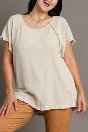 Umgee Full Size Seam Detail Linen Ruffle Fringe Edge Top Plus Size | Tops Daverri Fashions
