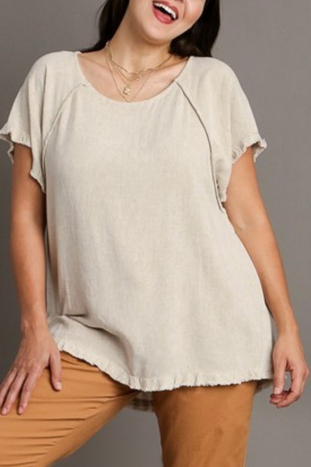 Umgee Full Size Seam Detail Linen Ruffle Fringe Edge Top Plus Size Tops