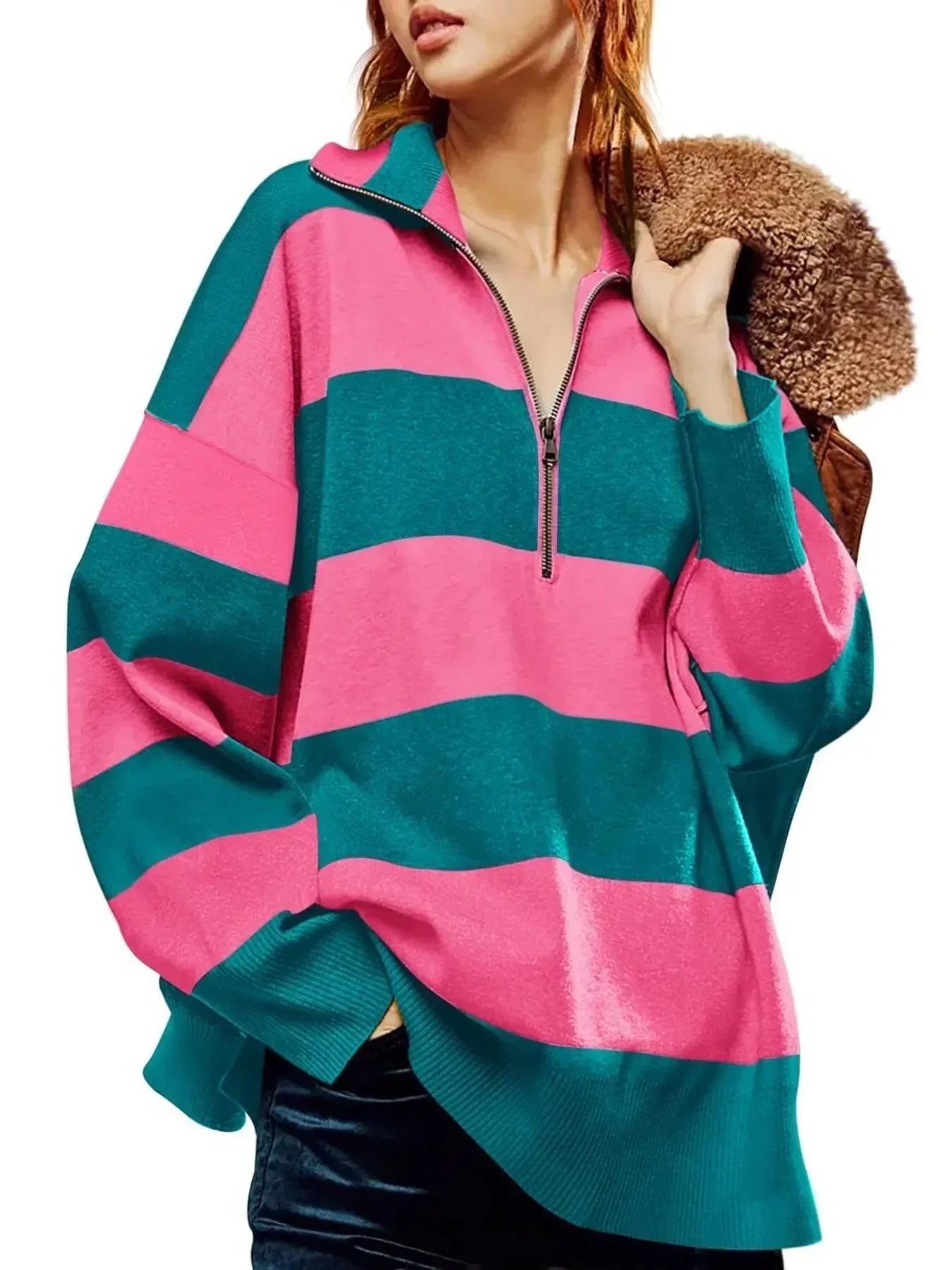 Striped Half-Zip Oversized Sweatshirt - DAVERRI FASHIONS
