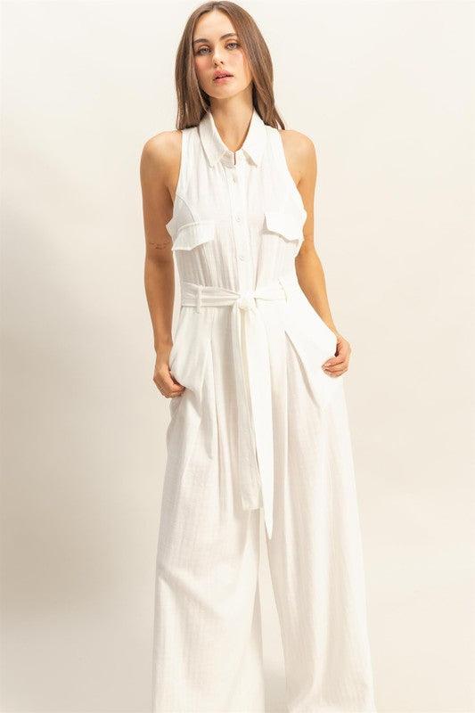 HYFVE Sleeveless Tie Waist Wide Leg Jumpsuit Jumpsuits