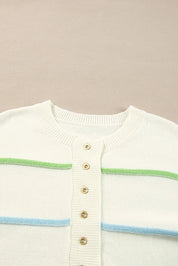 Contrast Striped Half Button Round Neck Sweater | Sweaters Daverri Fashions