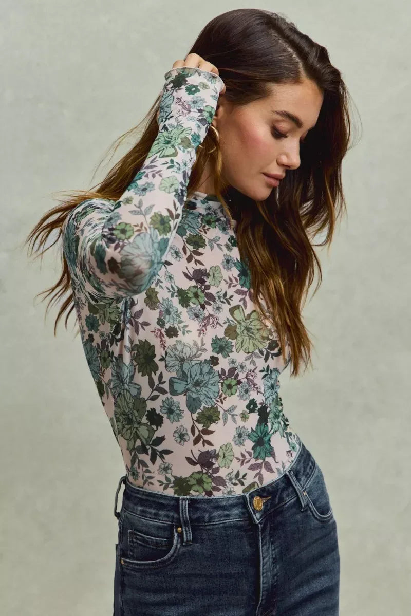 SO ME Floral Print Mesh Knit Long Sleeves Top - DAVERRI FASHIONS