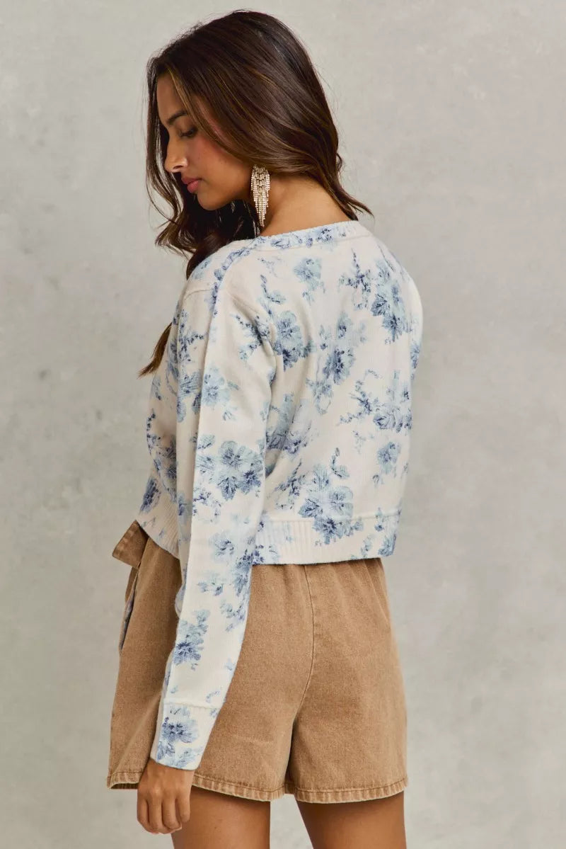 Vintage floral print cropped cardigan with beige corduroy shorts