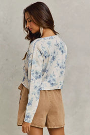 Vintage floral print cropped cardigan with beige corduroy shorts