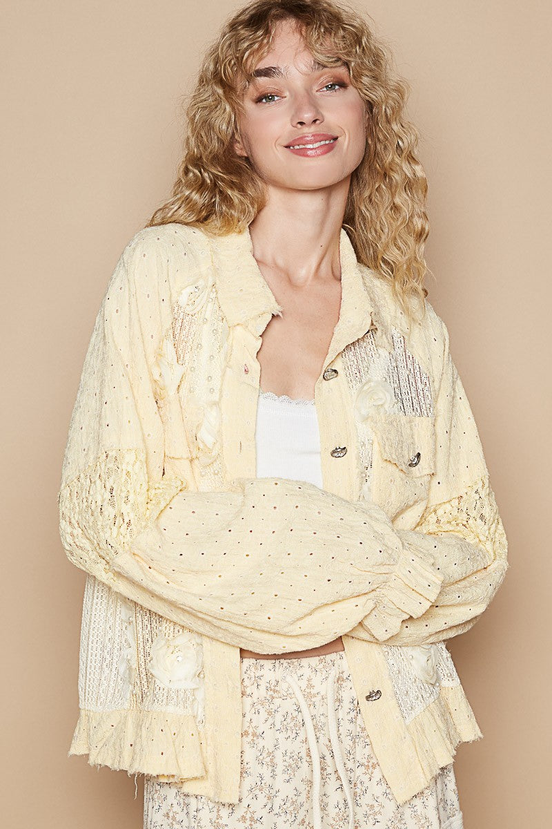 POL Eyelet Flower Pearl Detail Lace Patchwork Shirt Banana Mousse Shirts