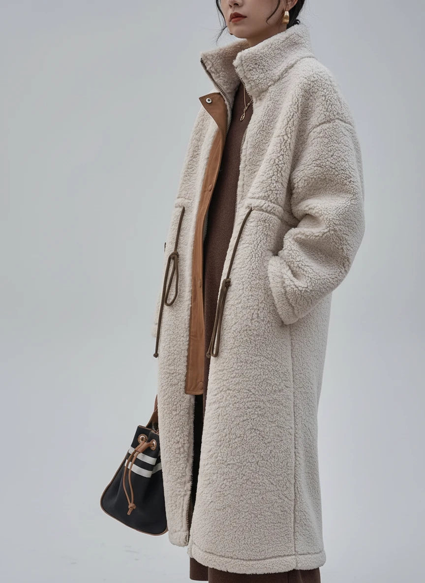 Cream-colored plus size sherpa teddy coat with leather accents