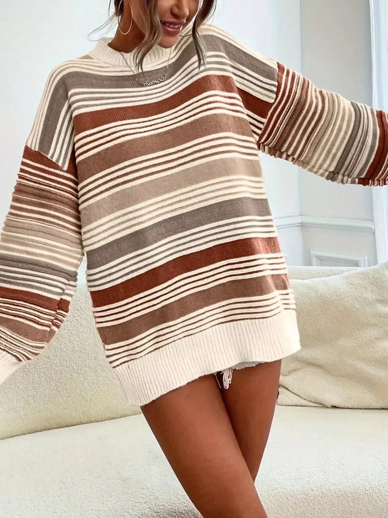 Rainbow Striped Drop Shoulder Oversized Sweater - DAVERRI FASHIONS