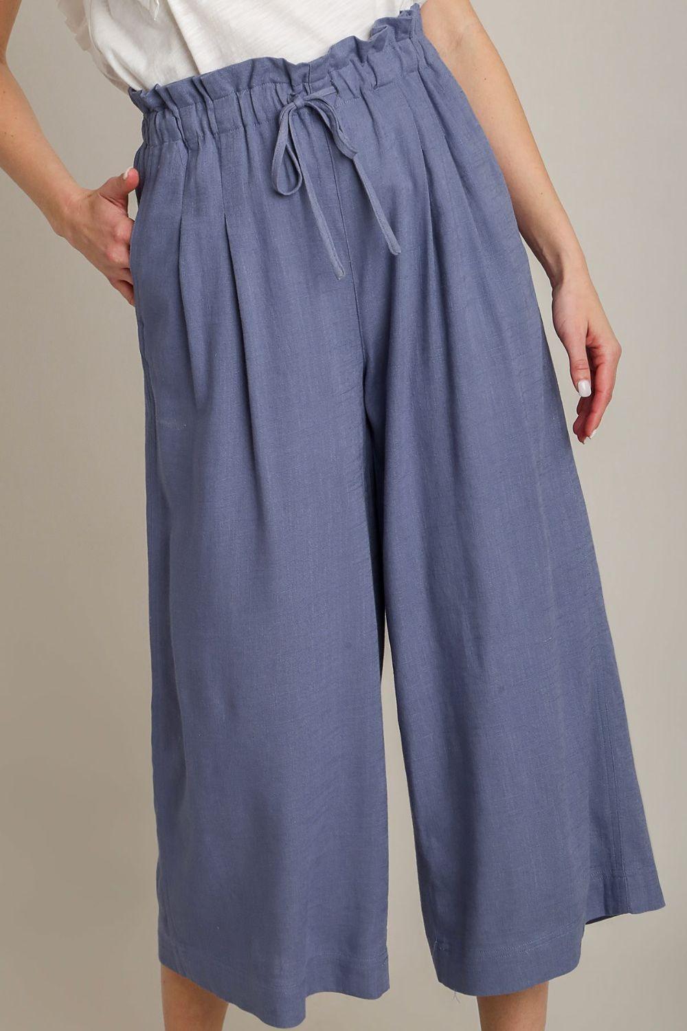Umgee Full Size Linen Wide Fit Pants with Drawstring Plus Size Dusty Blue Pants