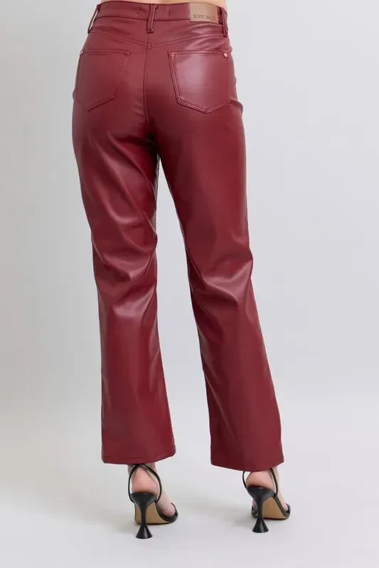 Judy Blue High Waist Tummy Control Faux Leather Straight Pants Plus Size - DAVERRI FASHIONS