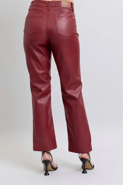 Judy Blue High Waist Tummy Control Faux Leather Straight Pants Plus Size - DAVERRI FASHIONS