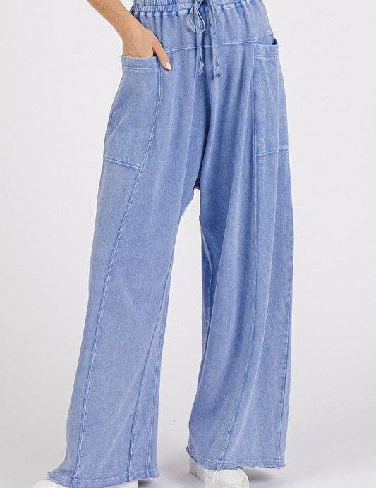 Peri Blue Mittoshop Mineral Wash Elastic Waist Baarrel Leg Baggy Pants | Pants Daverri Fashions