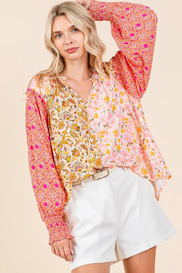 Mittoshop Mixed Patchwork Print Long Sleeve Blouse Tops