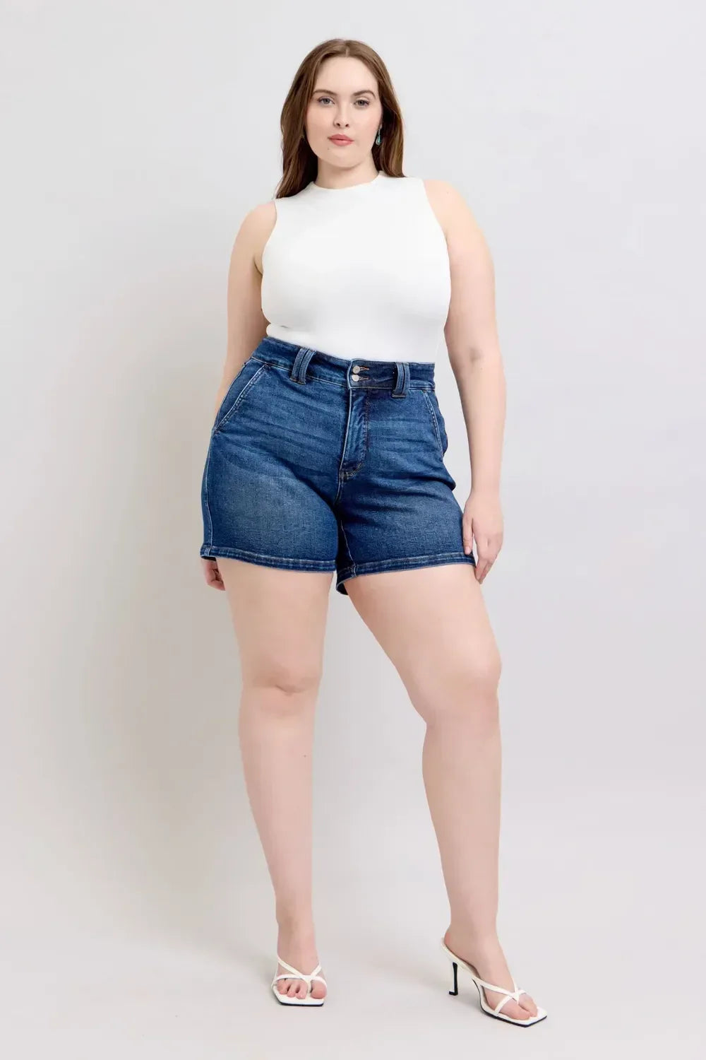 Judy Blue Double Button Waistband Denim Shorts Plus Size - DAVERRI FASHIONS