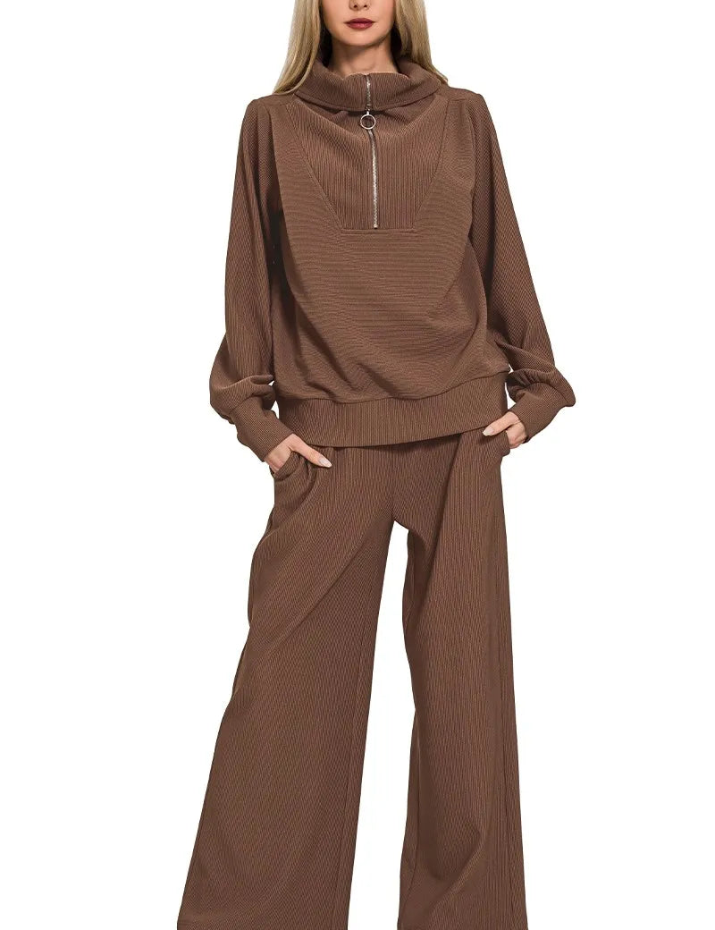 BROWN Zenana Ribbed High Neck Half Zip Pullover & Pants Set | Loungewear Sets Daverri Fashions
