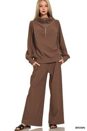 BROWN Zenana Ribbed High Neck Half Zip Pullover & Pants Set | Loungewear Sets Daverri Fashions