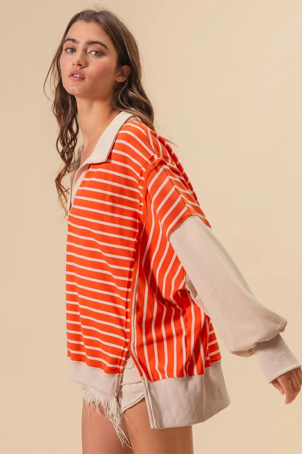 BiBi Stripe Knit Loose Fit Top With Cut Edge Detail | Tops Daverri Fashions