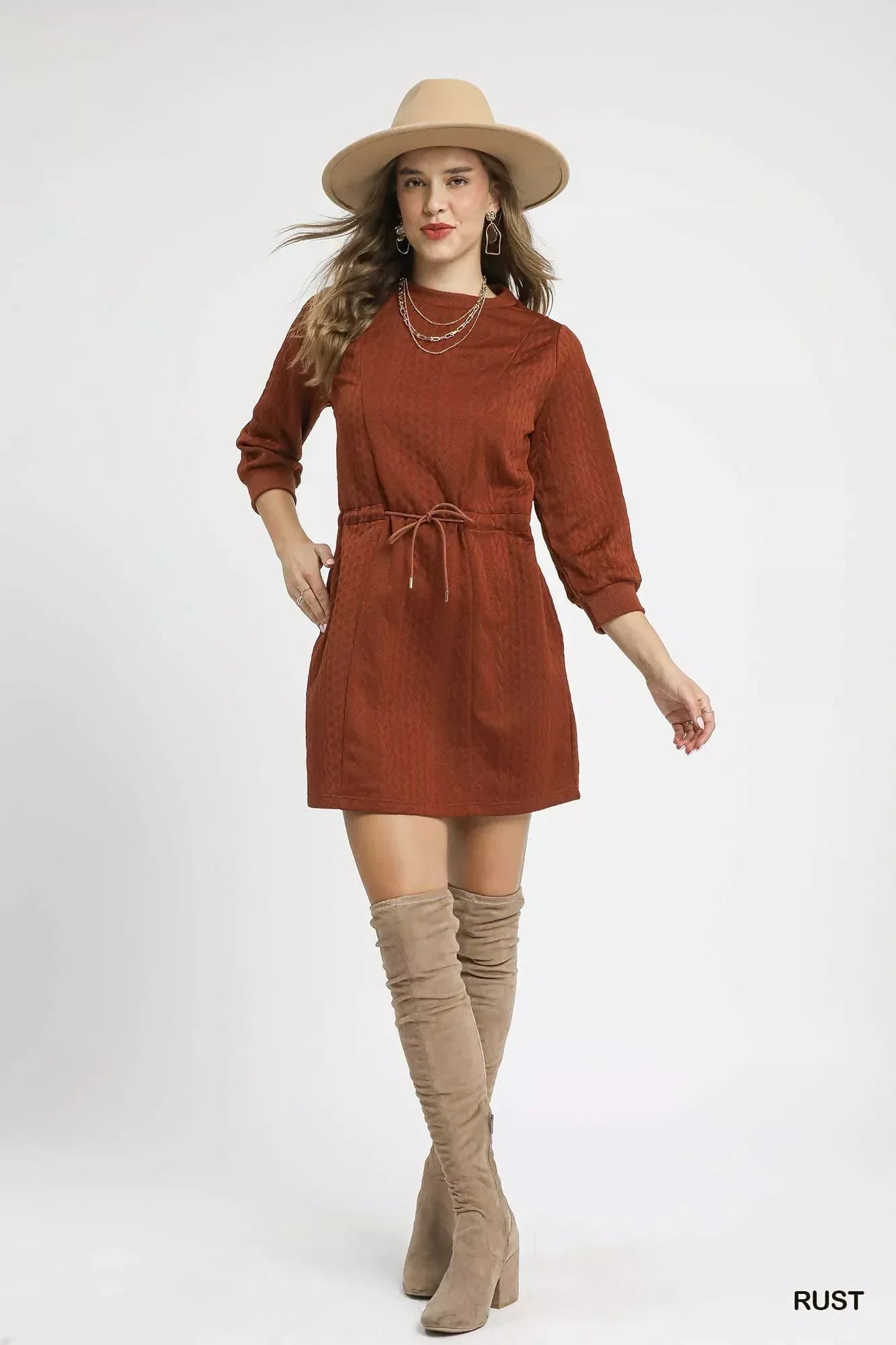 Umgee Drawstring Cable Knit Mini Dress with Pockets - DAVERRI FASHIONS