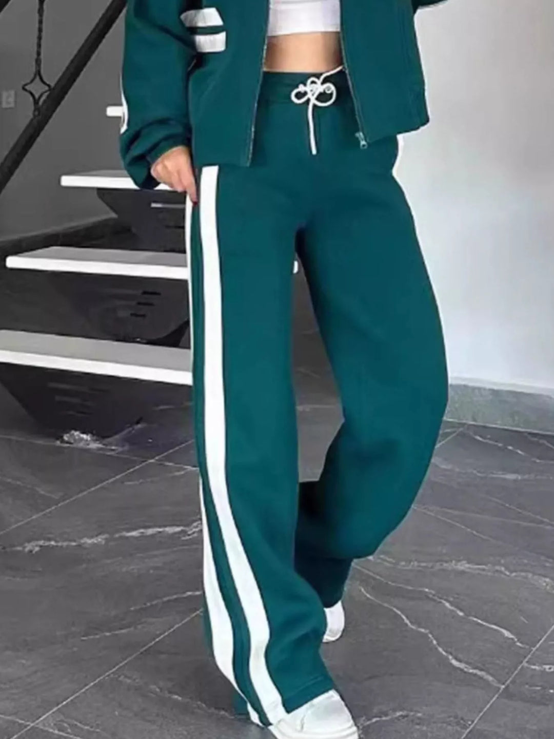 Full Size Contrast Stripe Zip Up Jacket and Pants Set Plus Size | Loungewear Sets Daverri Fashions