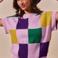 Vibrant SO ME Mardi Gras plaid sweater in lavender, purple, green, yellow squares