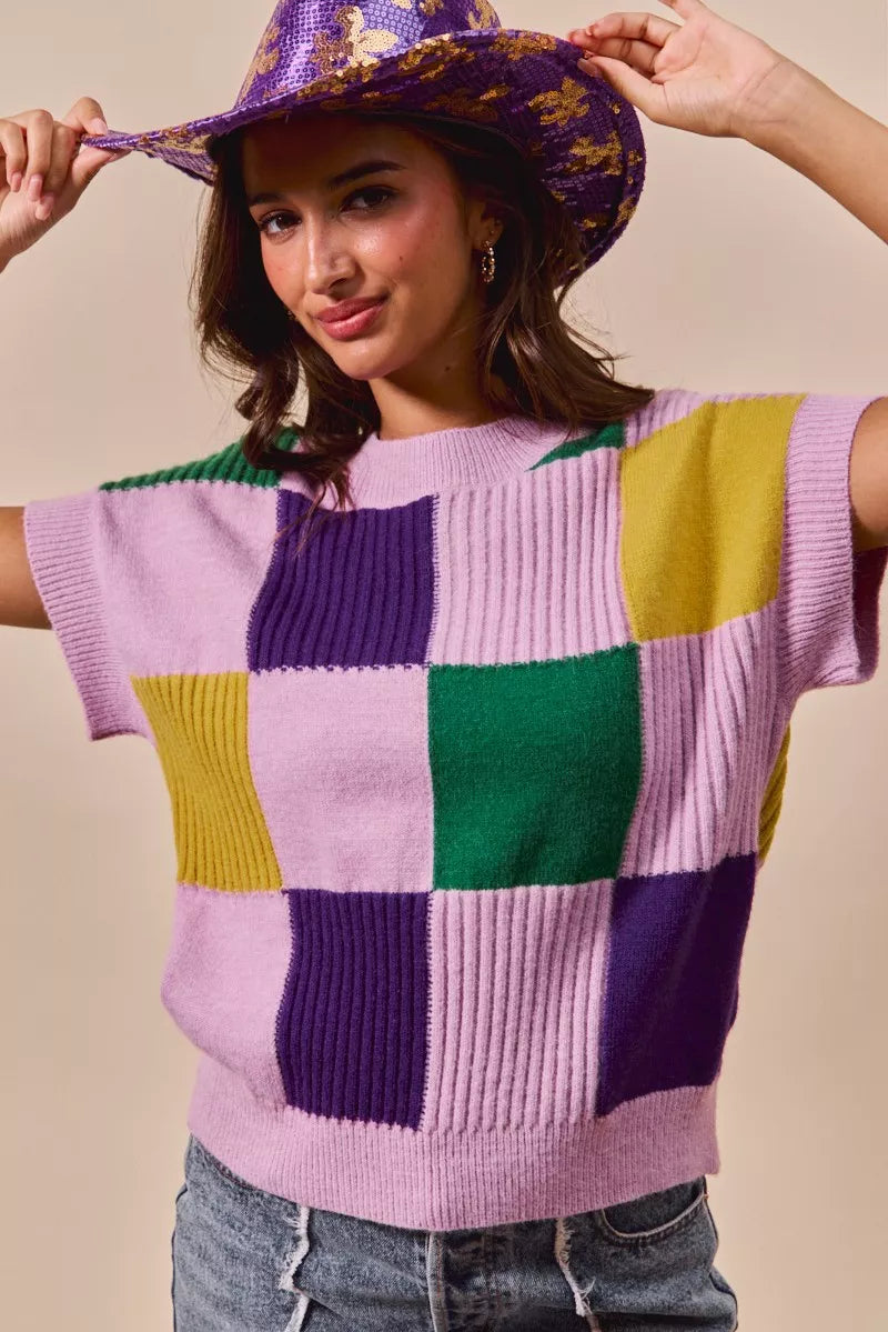 Vibrant SO ME Mardi Gras plaid sweater in lavender, purple, green, yellow squares