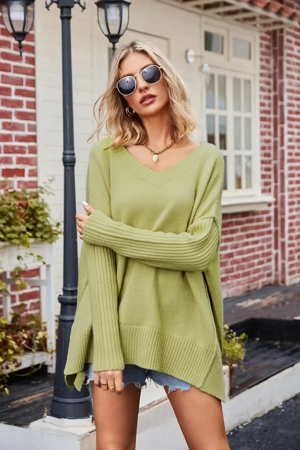Slit V-Neck Dropped Shoulder Sweater - DAVERRI FASHIONS