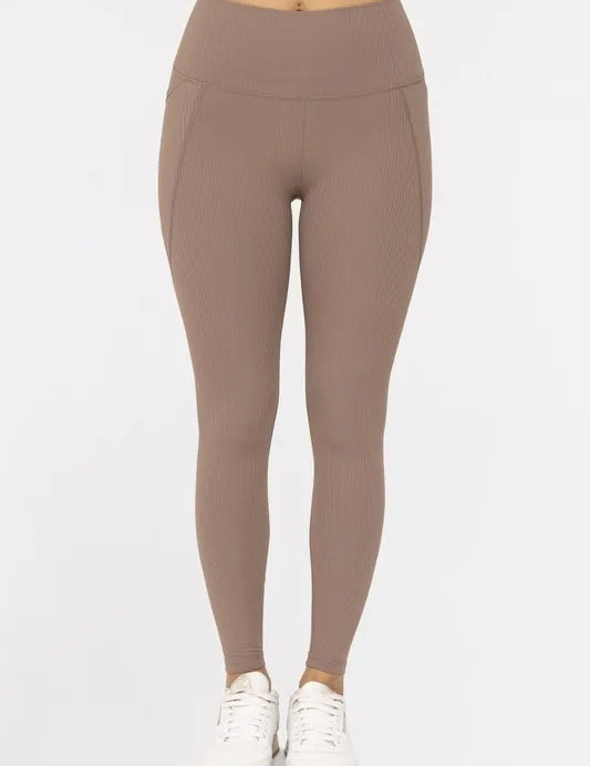 DEEP TAUPE M MONO B Soft Ribbed High Waisted Leggings | Daverri Fashions