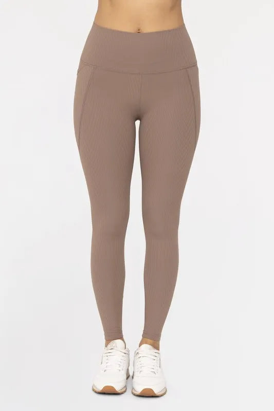 MONO B Soft Ribbed High Waisted Leggings DEEP TAUPE