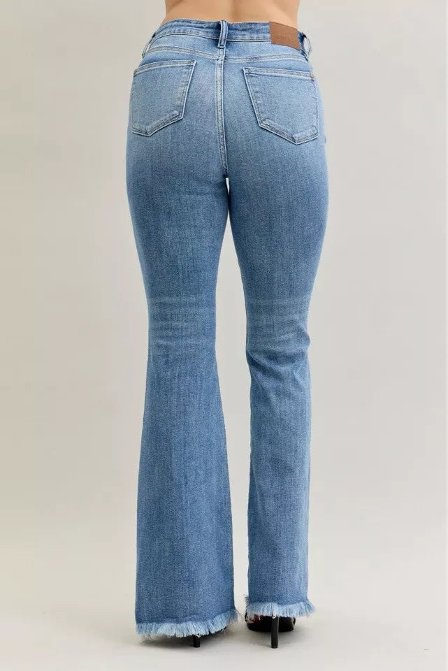 Judy Blue High Waist Flare Fray Hem Jeans with Front Pintuck Detail | Daverri Fashions