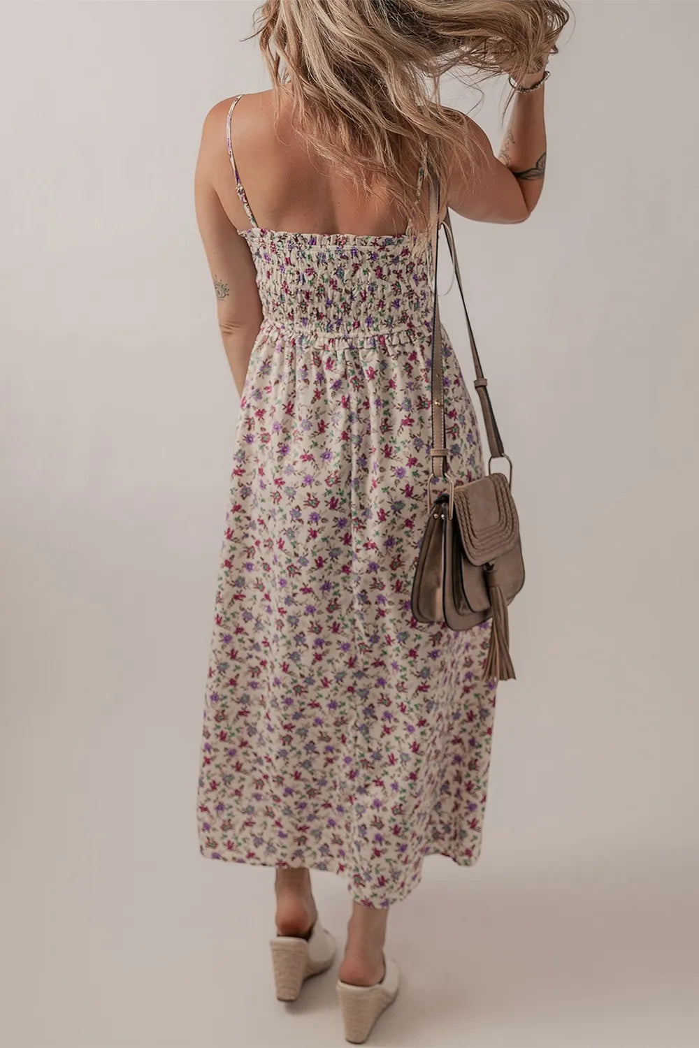 Multicolour bohemian ditsy floral smocked fit flare sundress, off-white maxi with thin straps