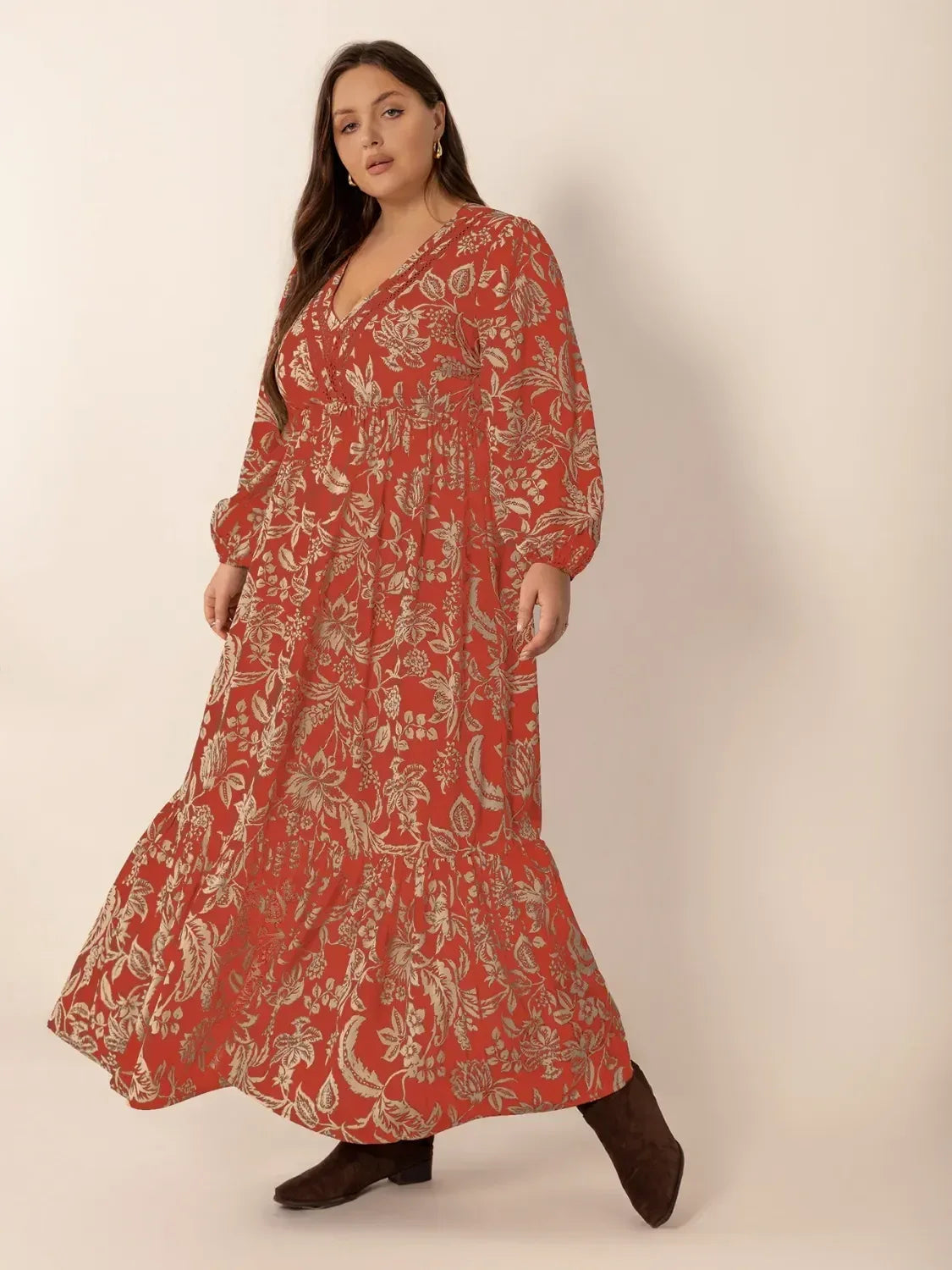 Plus Size Lace Detail Printed Balloon Sleeve Midi Dress - DAVERRI FASHIONS