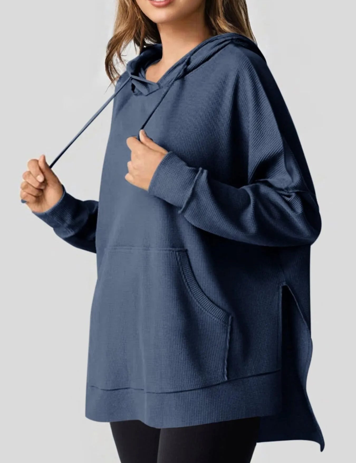 Slit Drawstring Waffle Knit Hoodie | Hoodies Daverri Fashions
