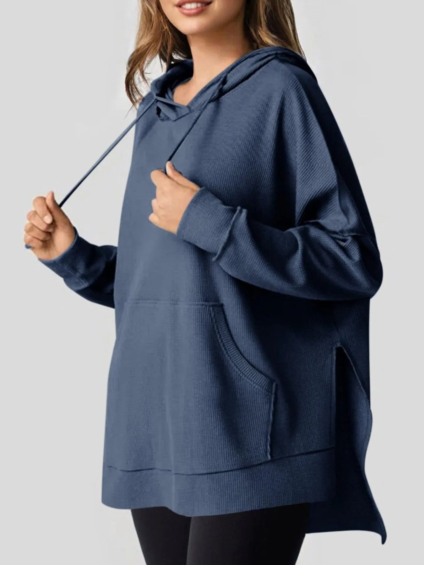 Slit Drawstring Waffle Knit Hoodie | Hoodies Daverri Fashions