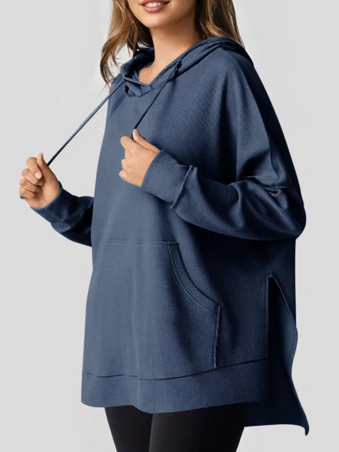 Slit Drawstring Waffle Knit Hoodie | Hoodies Daverri Fashions
