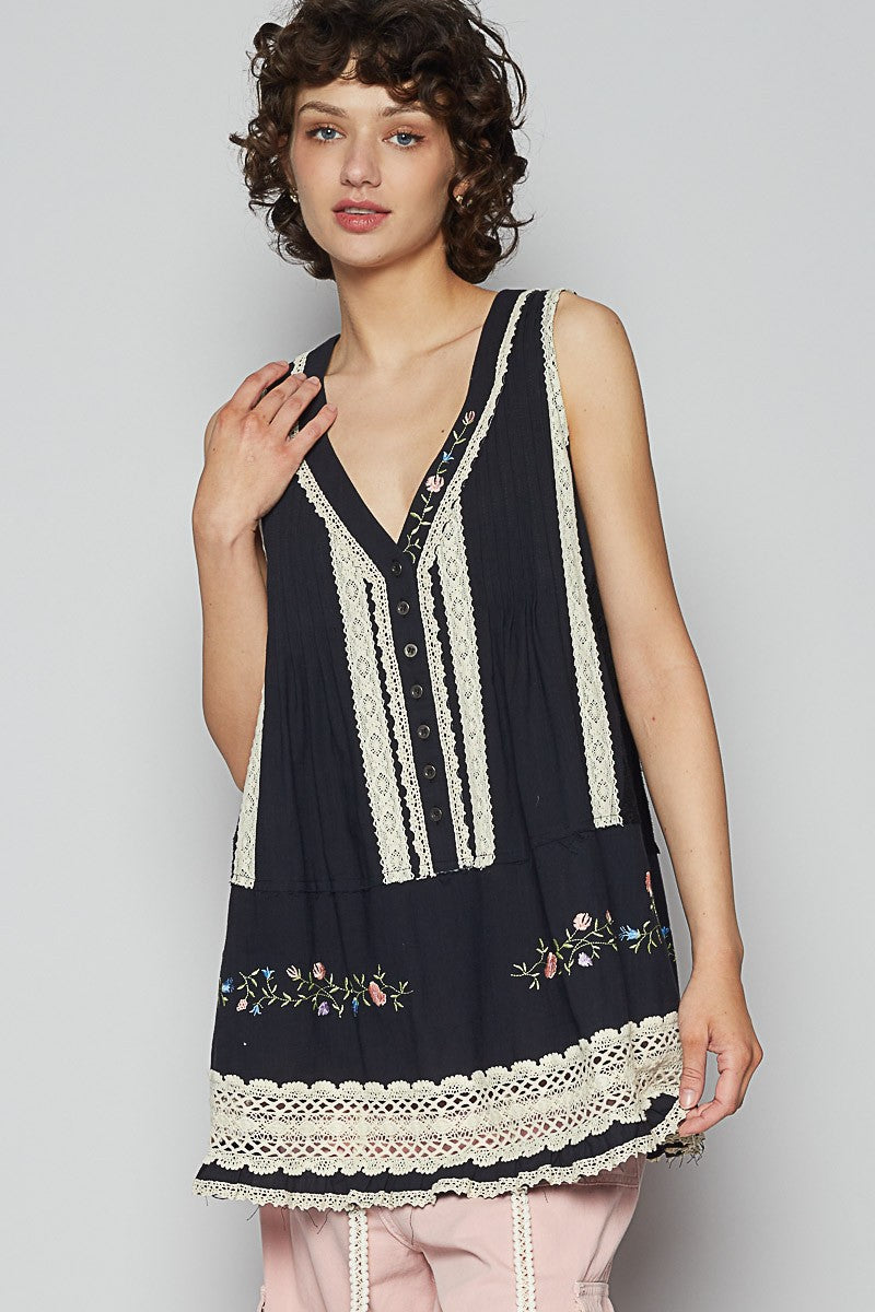 POL Embroidered Lace Detail V-Neck Sleeveless Top Black Tops