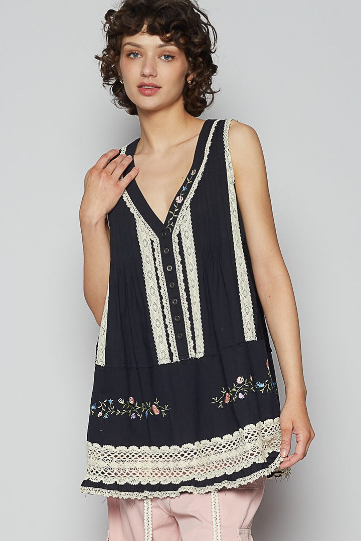 POL Embroidered Lace Detail V-Neck Sleeveless Top Black