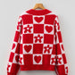 Daverri Floral Heart red white checkered knit V-neck sweater