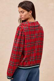 Red plaid flannel hooded jacket with black white trim and ruffles
