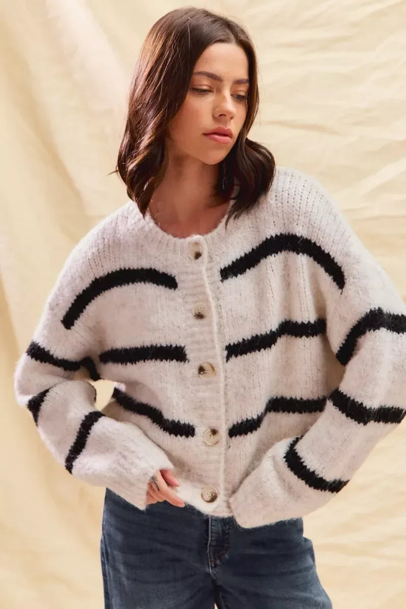 SO ME Stripe Soft Touch Button Cozy Sweater Cardigan - DAVERRI FASHIONS
