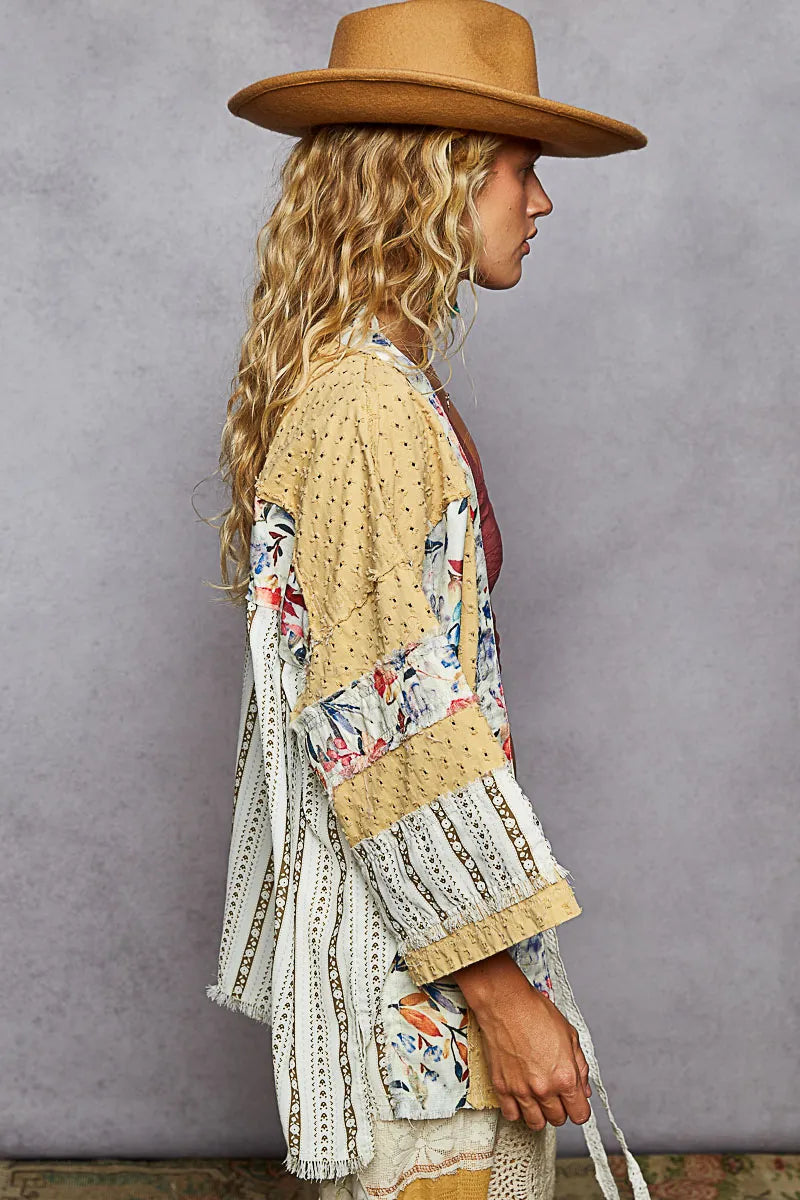 POL Raw Edge Open Front Patchwork Cardigan with Floral Trim Cardigans